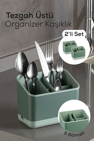 Vienev 2 Adet Tezgah Üstü Kaşık Düzenleyici 5 Bölmeli Organizer Kaşıklık Yeşil