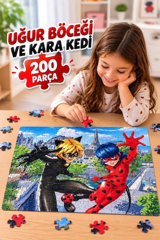 Uğur Böceği Ve Kara Kedi 200 Parça Puzzle Yüksek Baskı Kaliteli Eğlenceli Puzzle