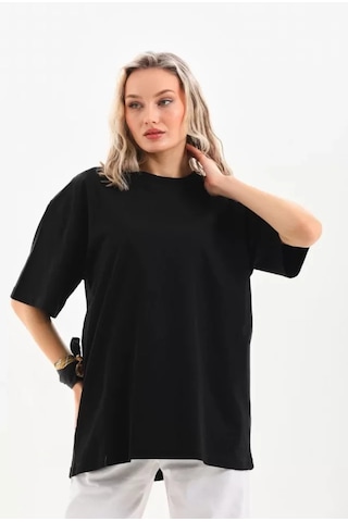 Ge Ticaret Unisex Bisiklet Yaka 20/1 Düz Oversize T-shirt - Siyah SIYAH