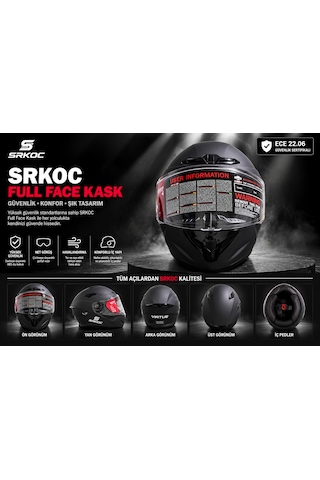 Srkoc İntercom Uyumlu Full Face Ece 22.06 Sertifikalı Mat Siyah Motorsiklet Kaskı