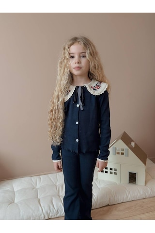 Miniko Kids Kız Çocuk Yaka Dantelli Fitilli Kaşkorse Bayramlık Taytlı Takım Lacivert