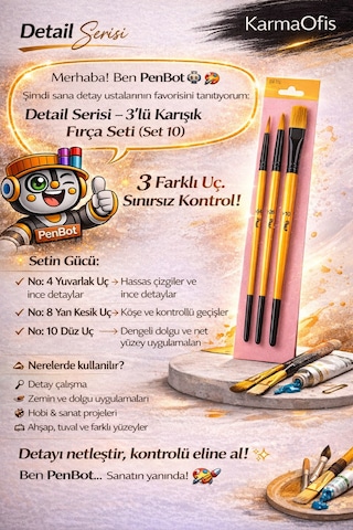 3 Lü Karışık Boya Fırça Seti Set 10 Yuvarlak, Yan Kesik Ve Düz Uçlu Profesyonel Hobi Fırçası