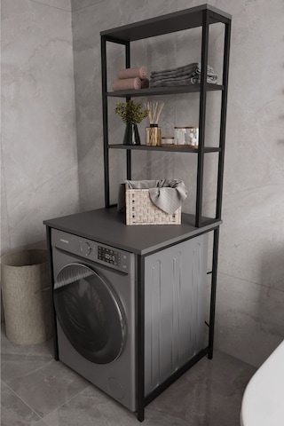Çamaşır Makinası Dolabı Çamaşır Makinası Üstü 3 Raflı Düzenleyici Metal Banyo Dolabı Antrasit Antrasit