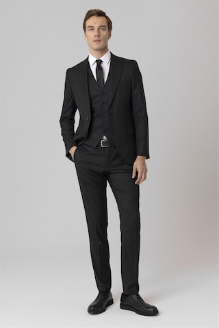 Süvari Siyah Slim Fit Armürlü Sivri Yaka 6 Drop Yelekli Klasik Takım Elbise-35629 Siyah