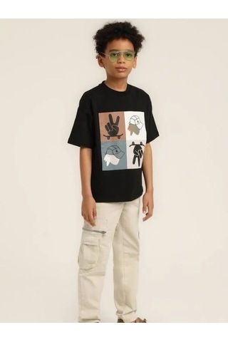 Escabel Erkek Çocuk Şapka Desenli Tasarım Pamuklu T-shirt-15627 SIYAH