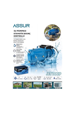 Assur Jet100p 1hp 47m Bakır Sargılı Santrifüj Jet Su Pompası-3152