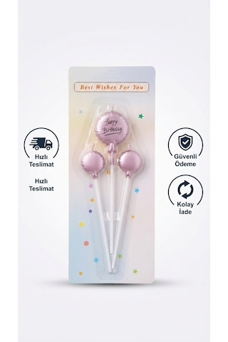 3'lü Balon Tasarımlı Pembe Happy Birthday Pasta Mum Seti - Doğum Günü Pastası Mumu 11-12