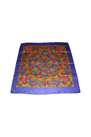 Tikitonki Kare Kesim Çiçek Desenli Saten Mor Eşarp - 90x90 Çok Renkli Çok Renkli
