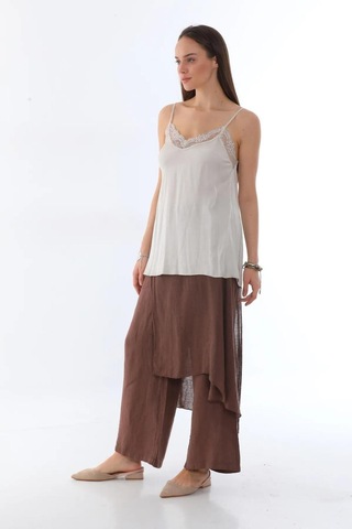 Bohem Stil İtalyan Ham Keten Pantolon Etek-8747 Kahverengi