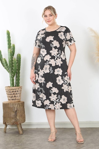 Kadın Siyah Vizon Sarmaşık Desen Midi Elbise Siyah - Turuncu