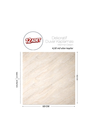 60x60 Cm Kendinden Yapışkanlı Duvar,banyo,tezgah Arası Bej Mermer-12 Adet 1103-60-12
