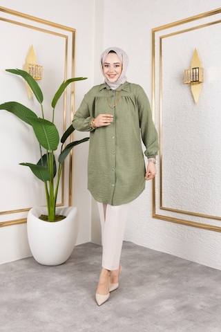 Önü Büzgülü Bilek Lastikli Tunik - Yeşil / Ü104 Yeşil