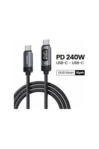 Toocki 240W PD 3.1 OLED Ekranlı Type-C to Type-C Hızlı Şarj Kablosu E-Marker Çipli - 2 Metre