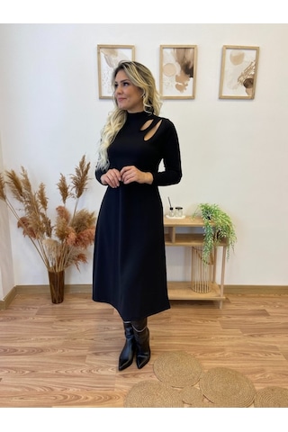 Nnstartshopping Kadın Uzun Kollu Balıkçı Yaka Omuzda Damla Detaylı Yırtmaçlı Krep Midi Elbise Siyah