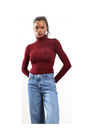 5in1Canpolat Bordo Boğazlı Transparan Bluz 25226 Bordo