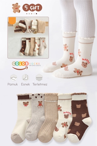 Color Socks 5 Çift Bear Desenli Kız Çocuk Çorap Seti Extra Soft Çok Renkli