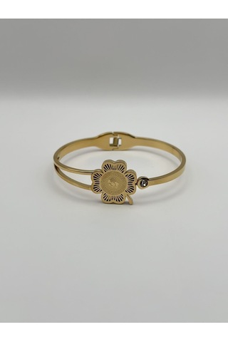 Arnes Jewelry Çelik Yoncalı Çeyrekli Zirkon Taşlı Kelepçe Ar207nes Gold