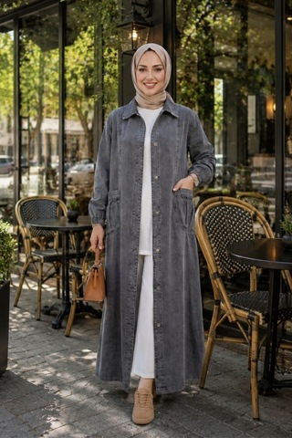 Hb Harma Time Butik Kadın Düğmeli Cepli Gri Denim Kot Kap