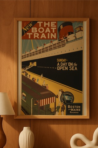 Boat Train Doğal Ahşap Çerçeveli Poster, Dekoratif Seyahat Duvar Tablosu