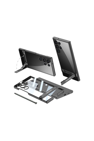 Galaxy S24 Ultra Kılıf Zore Kamera Korumalı Şeffaf Dikey Standlı Ays Kapak Siyah