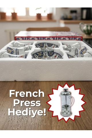 Topkapı 6 Kişilik Çay Seti, French Press Hediyeli, 9 Farklı Osmanlı Desenli Çay Bardağı Takımı 6, Topkapı Lal Diğer