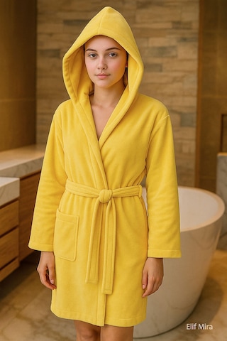 Genç Kız / Erkek Çocuk Kapşonlu Garson Boy Kadife Bornoz %100 Pamuklu Sarı