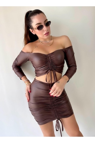 Simala Kadın Büzgülü Deri Etek Takım Fırsat Ürün Kahve