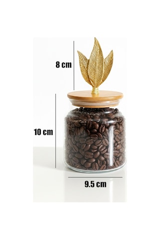 3 Lü Bambu Kapaklı Metal Yaprak Figürlü Cam Kavanoz Seti - Saklama Kabı 635cc Şeffaf