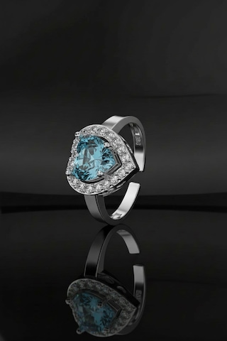 925 Ayar Akuamarin Taşlı Rodyum Pırlanta Işıltılı Kalp Ayarlanabilir Gümüş Yüzük Gümüş