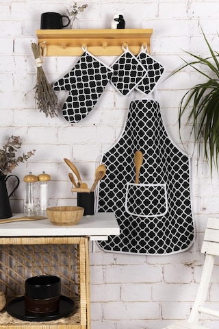 Morlay Mutfak Önlüğü Fırın Eldiveni ve Tutacak Takımı Çeyiz Seti 4'lü Siyah