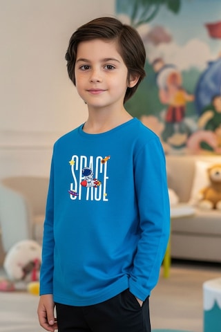 Fyk Kids Sıfır Yaka Space Baskılı Erkek Çocuk Sweatshirt Mavi