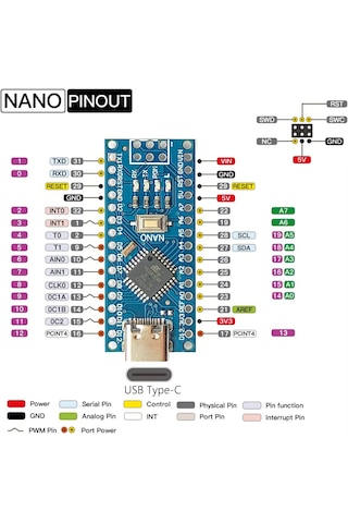 Arduino Nano Ch340 Chip Klon - Type C Lehimlenmiş