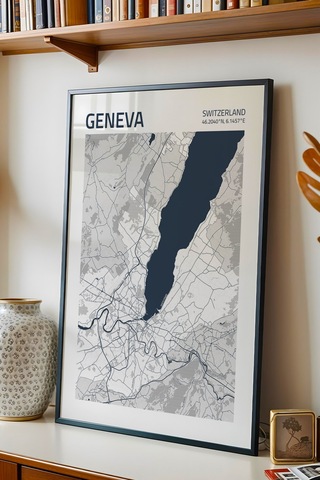 Cenevre İsviçre Switzerland Haritası Çerçeveli Tablo Lüks Salon Ofis Duvar Dekorasyonu Tablo