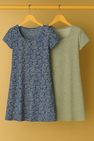 2 Adet Dökümlü Rahat Kalıp Günlük Penye Kumaş Elbise İndigo-yeşil