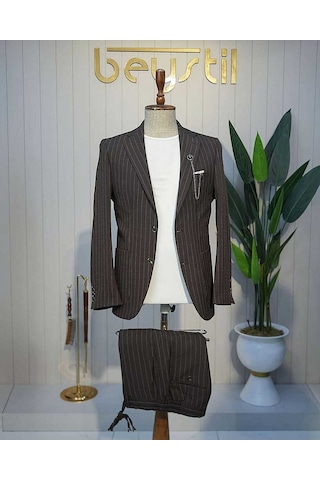 Bys Beystil Kahve Spor Casual Çizgili Takım Elbise Parodi -slim Fit