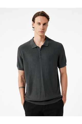 Koton Regular Fit Kısa Kollu Pamuklu Dokulu Düğmeli Polo Yaka Triko Tişört Gri 7wam70044ht