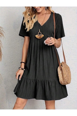 Kadın Kısa Kollu V Yakalı Fırfırlı Bürümcük Elbise Siyah