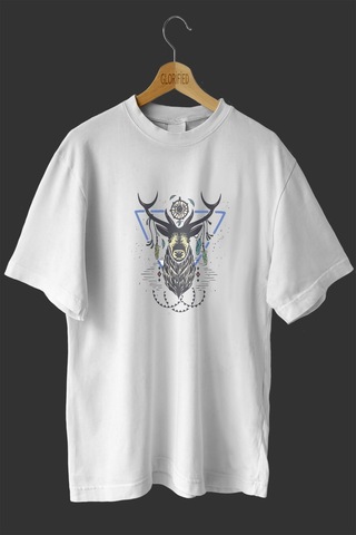 Noıssey -wed Geyik Tasarım Baskılı Oversize T-shirt Tişört Beyaz