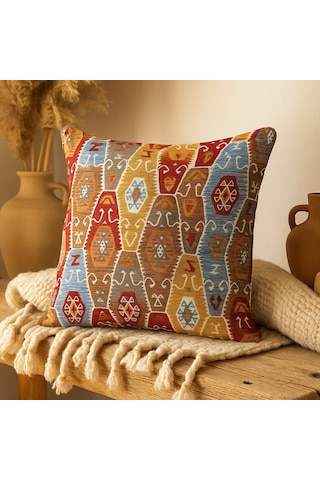Etnik Desenli Kilim Dokulu Kırlent Kılıfı 40 x 40