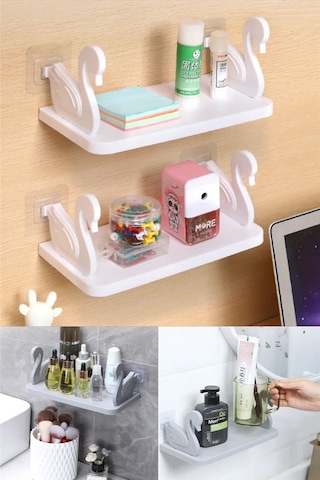 Kuğu Motifli Banyo Mutfak Ofis Baharat Rafı Kendinden Yapışkanlı Kuğu Rafı Beyaz Diğer