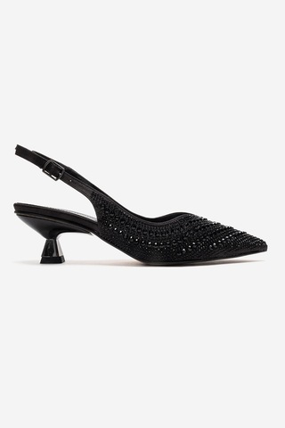 Luvishoes Royale Siyah Saten Taşlı Kadın Kısa Topuklu Abiye Ayakkabı