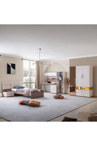 Milano Genç Odası - 3 Kapaklı Aynalı Dolap, Karyola, Komodin, Çalışma Masası, Kitaplık Beyaz