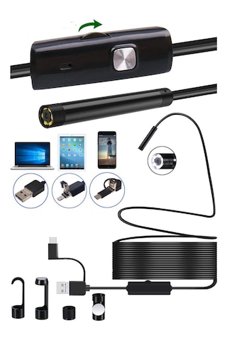 15metre 3-in-1 Endoskop Kamera, Usb Ve Android, Type-c Bağlantılı, 6 Led Işıklı, Kıvırlabilen Sert Kablo,su Geçirmez,yılan Kamera, Borescope