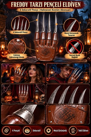 Halloween Freddy Tarzı 4 Pençeli Eldiven Metal Görünümlü Cadılar Bayramı Korku Kostüm Aksesuarı