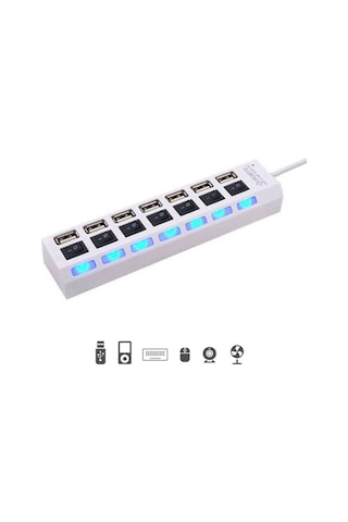 Valkyrie 7 Portlu 2.0 USB Hub Çoklu USB Çoklayıcı Splitter Power Tuşlu Adaptör Beyaz