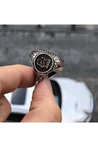 925 Ayar Gümüş Felak Suresi İşlemeli Yan Kısımlarında Allah Lafzı Yazılı Dualı Erkek Yüzük Gümüş