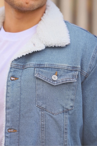 E-fendi Erkek Kürklü Denim Kot Mont Kışlık Sıcak Ve Şık Dış Giyim Buz Mavi - Krem