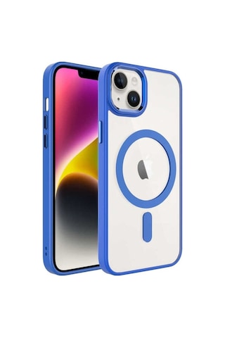 Apple Uyumlu iPhone 14 Plus Kılıf Wireless Şarj Özellikli Zore Krom M-safe Silikon Kapak Mavi