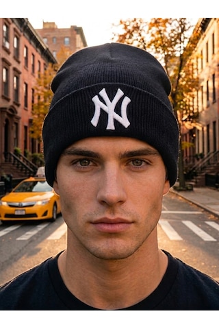 Hamze Ny New York Nakışlı Unisex Pamuklu Akrilik Kışlık Bere Siyah