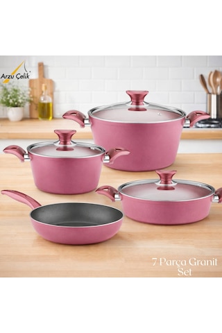 7 Parça Granit Set Cam Kapak - Mürdüm Mürdüm
